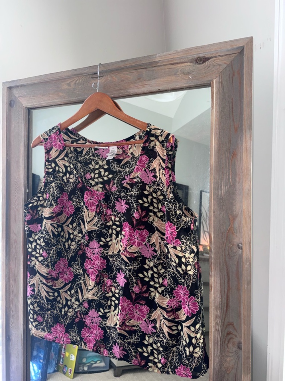 Emma James Black Floral Sleeveless Top with Pink and Beige Flowers